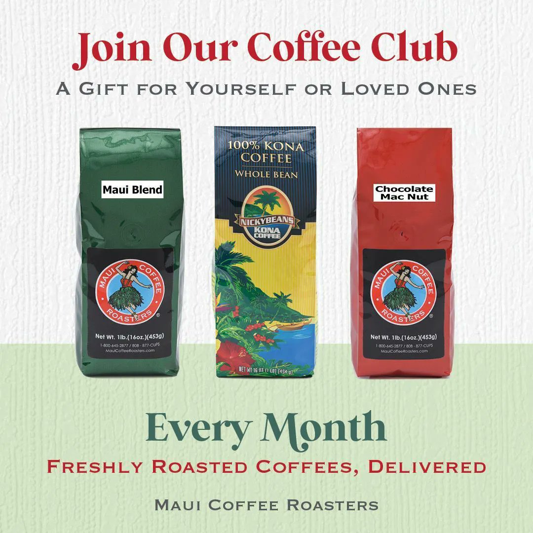 Are you a coffee lover who likes to try new roasts? Join our Coffee Club! 

Christmas gift idea: perfect for the coffee lover in your life who has everything. 

Choose from award winning brews, receive discounts and start every morning with coffee kissed by the Hawaiian Sun.