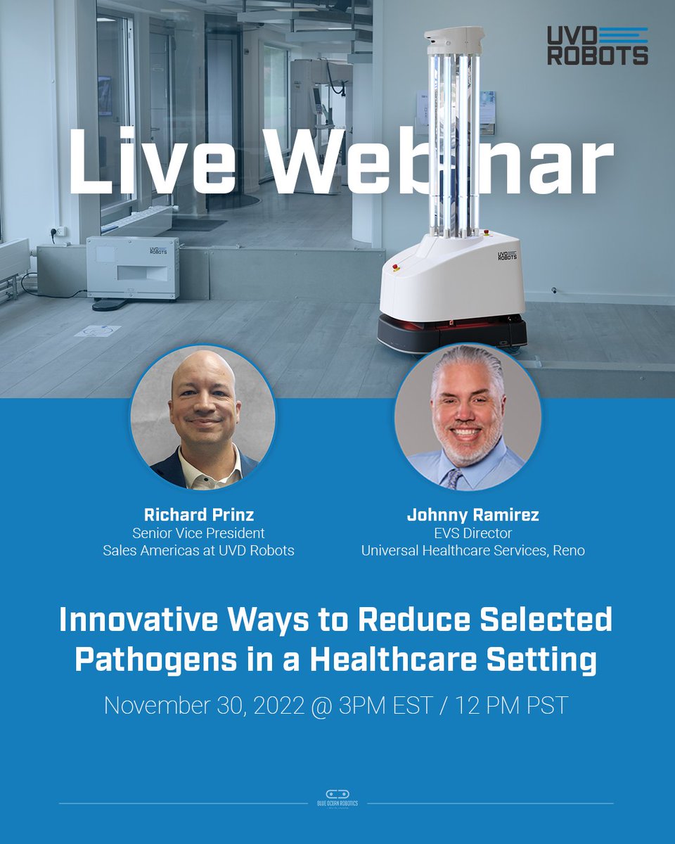 GobeRobots's tweet image. Join this #webinar if you want to learn how self-driving @UVDRobots can eliminate selected pathogens in the environment, improving disinfection efficacy while significantly decreasing labor time.
November 30 @ 3PM EST / 12PM PST👉🏼uvd.blue-ocean-robotics.com/webinar-improv…
