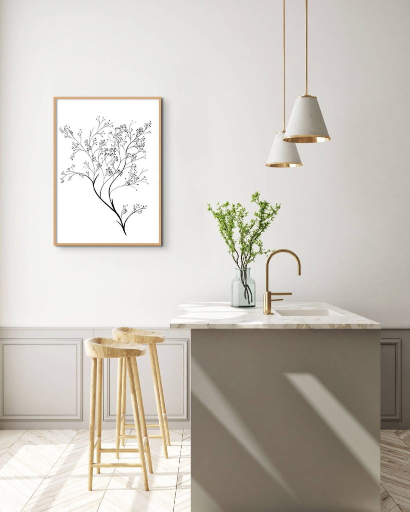 A minimalist moment with some natural inspiration 🌿 & a framed floral print 'Airy Blooms II' by Kayleigh Wold! ⁠#minimalistdesign #neutraldecor #naturalmaterials #kitchendecor #artpublisher #decortrends #interiordesign #designtrends #interiorstyling #minimalisttrend #cozyhome