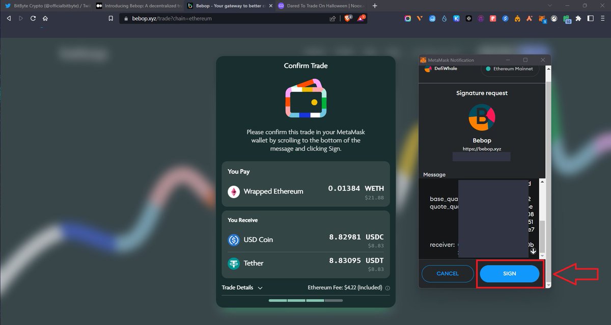officialbitbyte's tweet photo. 7/
💭Swapping #One2Many Tokens on Bebop
🔹Click "Select Tokens" & you'll be able to select up to 5 Tokens
🔹Approve the assets like "wETH" to spend
🔹Click "Confirm Order" & finally "Sign" the message to initiate swap!
😇Transaction fee will be deducted from final amount! https://t.co/2nfjQpT09d
