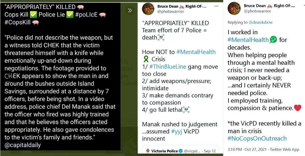 photowarrior's tweet photo. @CapitalDailyVic @ToriMarlan More #MismanageManak Mistakes
Manak Mismanages #MentalHealth
*abandons VicPD officers with PTSD
*injects cops into addiction, mental health outreach
*congratulates & justifies police who shoot & kill people in #MentalHealthCrisis
*uses but won't refund mental health funds https://t.co/BhZJwr94qk