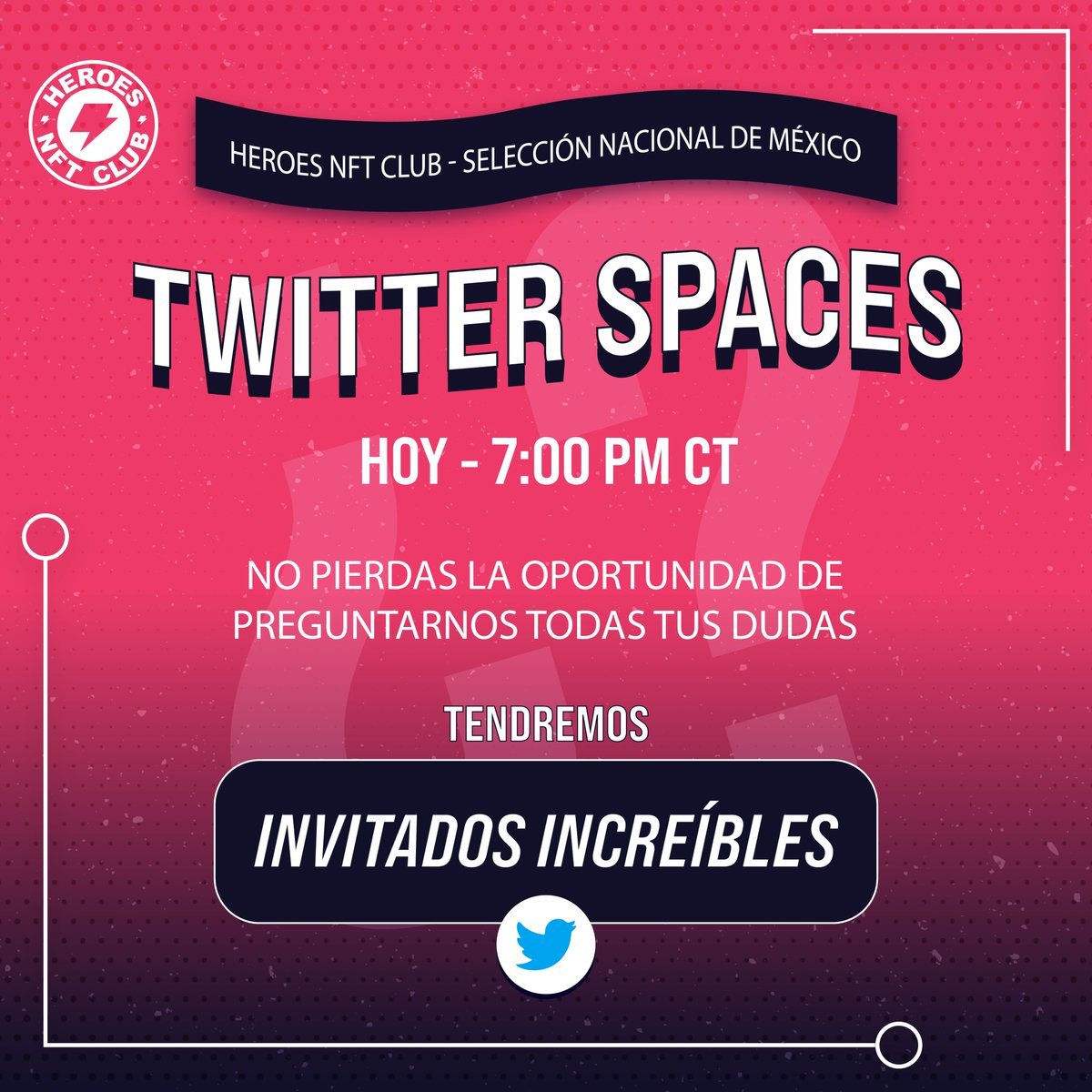 HeroesNFTClub's tweet photo. ¡Hoy estaremos en vivo a través de Twitter Spaces platicando de NFTs, de @miseleccionmx y respondiendo todas las dudas que tengas! 🤩 
No te quedes fuera y te esperamos a las 19:00 hrs. CT ⏰
Estarán presentes invitados especiales. 👀 https://t.co/tDeGP3iNWc