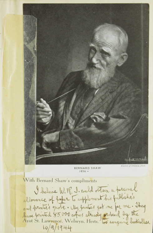 CumminsBooks's tweet photo. George Bernard Shaw—the playwright, novelist, polemicist, and a Nobel Prize in Literature and Academy Award winner—died #onthisday in 1950. 

Take a look inside this inscribed first edition of Everybody's Political What's What?: https://t.co/2uSHuWvJDN https://t.co/DArTWe2t7F