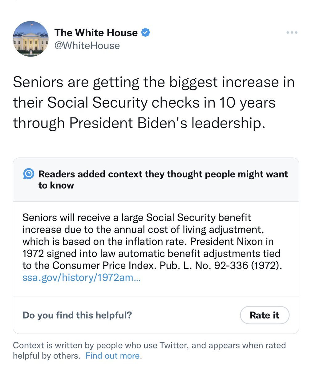 The White House deleted this tweet boasting about seniors getting the biggest increase in Social Security checks in 10 years when Twitter added a "context notice" explaining that increases are automatically given based on the rate of inflation.