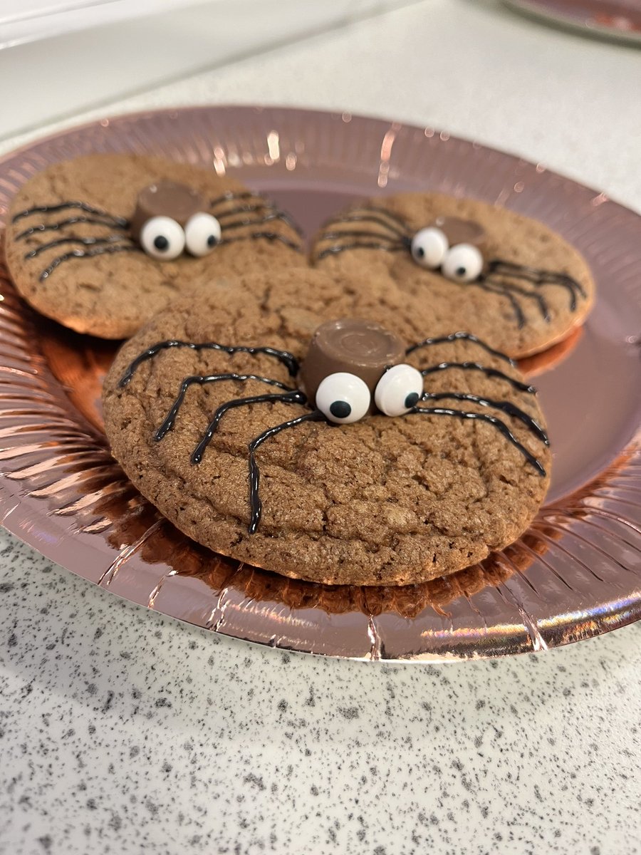 MissStewartHE's tweet photo. What an amazing senior REHIS class I had today! Late Halloween Spider Rolo Cookies 🍪🕷 the pupils loved making these Nutella filled spooky goodies. 
Our focus of good hygienic practices has paid off! #REHIS #foodhygiene  #proudteacher #baking #bakeoff #education #homeeconomics https://t.co/jtPnzceq1T