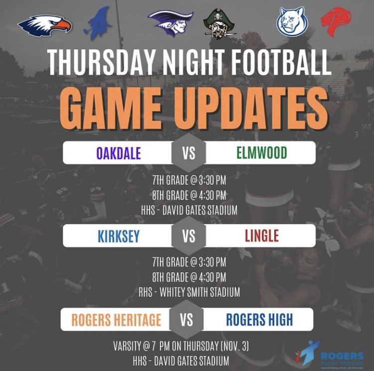 RogersHeritage's tweet photo. 🚨Game has been moved from Friday to Thursday. 🚨🦅💙🧡 https://t.co/WhZWnWFOM4