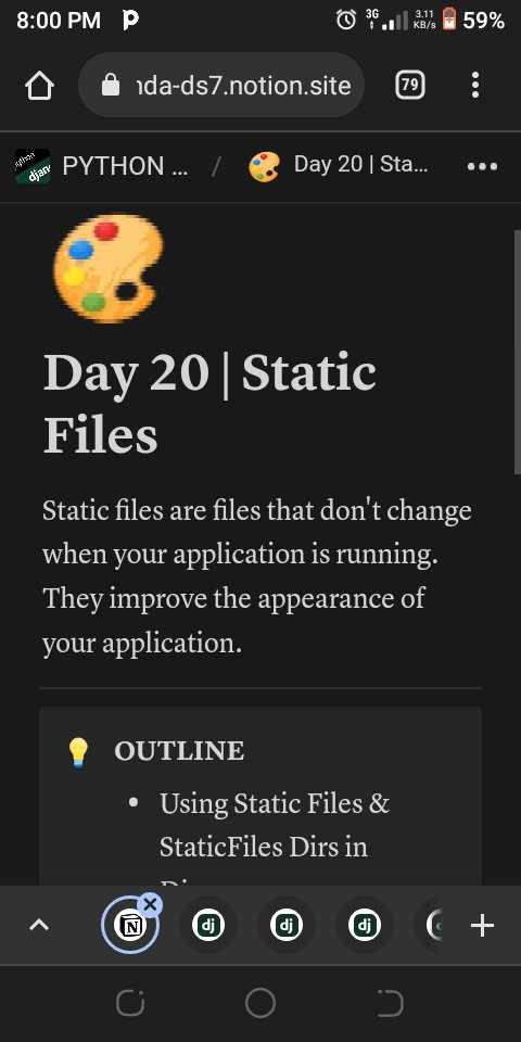 MIbitowa's tweet photo. Day 20, 30 Days of Learning.
Django Track:

Static files are basically folders for managing application elements such as pictures and CSS. These usually improve the appearance of an app

#SSAGDSC30DaysChallenge #DeveloperStudentClubs #GDSCLautech #Python #30daysofcode #Django https://t.co/F0AjI5onBh