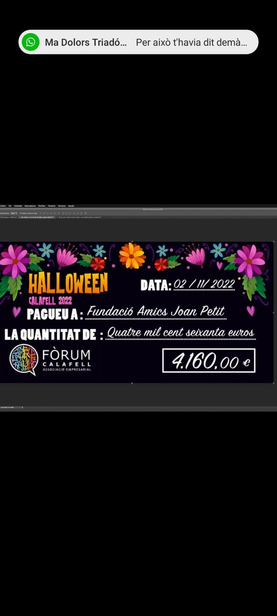 AmicsJoanpetit's tweet photo. Aprofitant el partit solidari els amics del #JoanPetitCalafell ens han fet entrega del xec solidari de la festa de Halloween, amb 4.160€.
Com va augmentant la bossa d’aquesta edició, i això segueix pujant!
#stickcontent ☺️ #stickcontenta #JoanPetitNensAmbCàncer https://t.co/crLXpARxcX