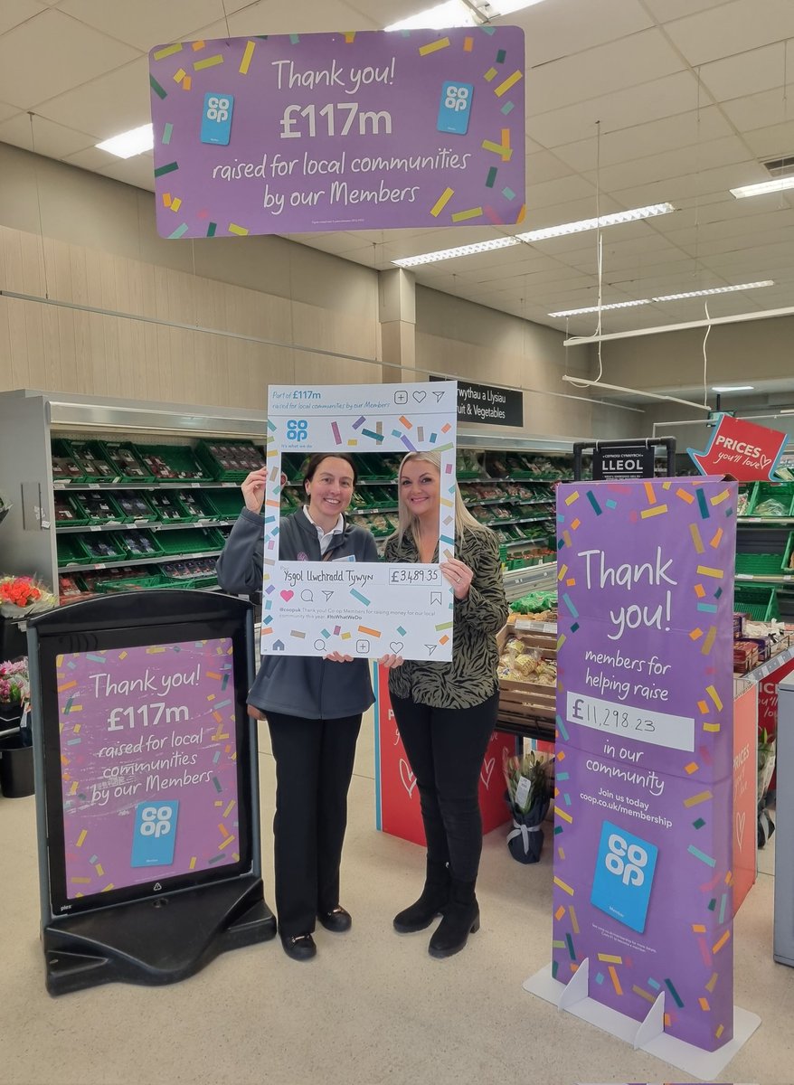 A day of celebrations @coopuk Tywyn. Payout day for our 3 local causes, Community Fridge, Skatepark appeal & our local school @YsgolUwchTywyn £11,298.23 just wow! Great to have them instore speaking with our customers @Dianaqueenbee1 @erin_omahony @BazaEvans1977 @KateGraham03