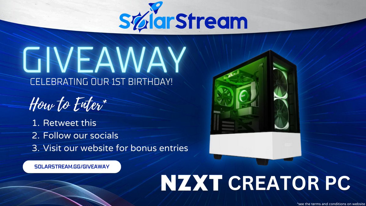 SolarStreamGG's tweet photo. 🎂GIVEAWAY🎂

We've teamed up with @NZXT to give away a Creator PC and level up one lucky streamer's journey! 

To enter:
1️⃣ Retweet this
2️⃣ Follow @SolarStreamGG &amp; @StreamerSquare
3⃣ Go to https://t.co/LUqn0IMVpn for bonus entries!

Winner selected December 3rd https://t.co/kqhR8QcEbn
