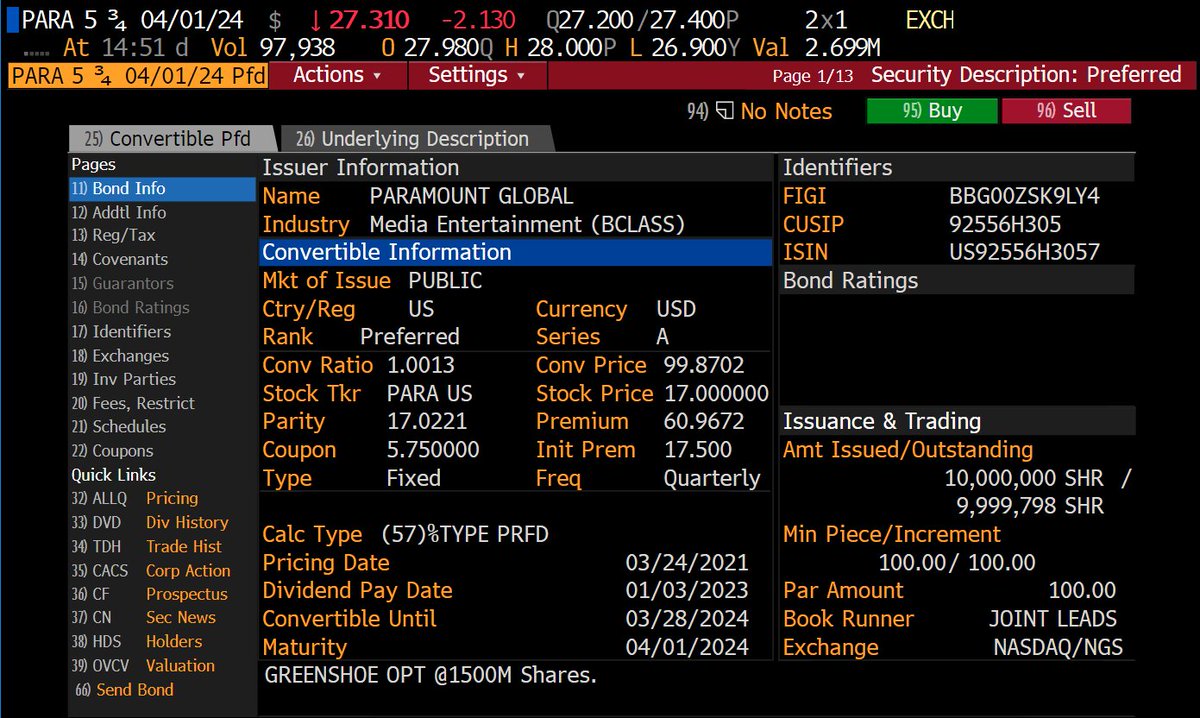 $PARA preferred's pricing doesn't make sense at ~$27. Will be converted to ~1 share of stock at maturity (~$17/share today). A bit more than 1 coupon ($5.75) doesn't bridge you the difference. 

Prob some convergence trade here. Thoughts? Maybe I'm missing something