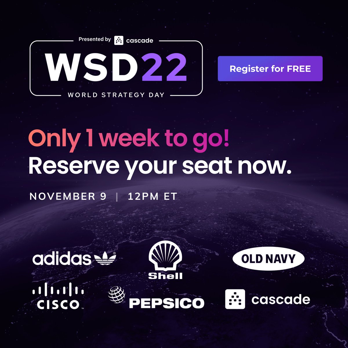 cascadestrategy's tweet photo. We're ONE week away from the biggest strategy event of all time! 😱
Be part of #WSD22! 🙋🏼♂️🙋🏽🙋🏻♀️
Join us on November 9th 12pm ET.
It's 100% online & 100% free.
Register here: https://t.co/xWxoEp6Gi6 https://t.co/25G7FfD8lp