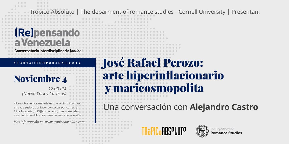 Asociación Venezolana de Sociología (@asovensoc2021) on Twitter photo Les ponemos al tanto de que el 4 de noviembre, <a href="/TropicoAbsolut/">Trópico Absoluto</a> y el <a href="/CornellROMS/">Romance Studies</a> estarán presentando la cuarta conversación para (re)pensar a #Venezuela, en la que hablarán sobre el arte #hiperinflacionario y #maricosmopolita.
asociacionvenezolanadesociologia.org/convocatorias/… Les ponemos al tanto de que el 4 de noviembre, <a href="/TropicoAbsolut/">Trópico Absoluto</a> y el <a href="/CornellROMS/">Romance Studies</a> estarán presentando la cuarta conversación para (re)pensar a #Venezuela, en la que hablarán sobre el arte #hiperinflacionario y #maricosmopolita.
asociacionvenezolanadesociologia.org/convocatorias/…