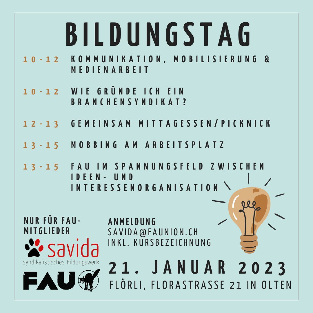 FauSchweiz's tweet photo. Bildungstag der #FAU und #Savida

(Nur für FAU-Mitglieder)

Anmeldung an savida@faunion.ch inkl. Kursbezeichnung
21. Januar 2023 Flörli, Florastrasse 21 in Olten

Kursbeschreibungen folgen...

----

#Basisgewerkschaft #FAU #Selbsthilfe #syndikalistisch #Bildungswerk #savida https://t.co/4Xi6IYWVfa