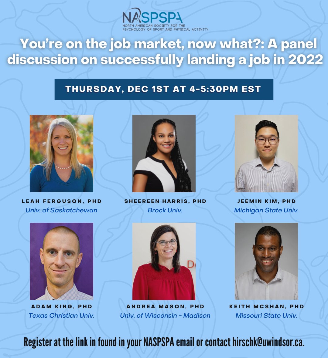 Katie Hirsch (@katie_hirsch12) on Twitter photo Check out our fantastic panelists for NASPSPA's upcoming events! Submit questions for panelists in the link ⬇️
Drs. Kym Kasczewski, Jerraco Johnson, Kara Palmer, Adam King, Andrea Mason and <a href="/ChrisAikenPhD/">Christopher Aiken</a> @drls250 <a href="/DrBarbiLaw/">Barbi Law</a> @LeahJFerguson <a href="/sheereenharris/">Sheereen Harris, PhD</a> <a href="/jeem356/">Jeemin Kim🇰🇷🇨🇦 (He/Him)</a> <a href="/Keith_McShan/">Keith McShan</a> Check out our fantastic panelists for NASPSPA's upcoming events! Submit questions for panelists in the link ⬇️
Drs. Kym Kasczewski, Jerraco Johnson, Kara Palmer, Adam King, Andrea Mason and <a href="/ChrisAikenPhD/">Christopher Aiken</a> @drls250 <a href="/DrBarbiLaw/">Barbi Law</a> @LeahJFerguson <a href="/sheereenharris/">Sheereen Harris, PhD</a> <a href="/jeem356/">Jeemin Kim🇰🇷🇨🇦 (He/Him)</a> <a href="/Keith_McShan/">Keith McShan</a>