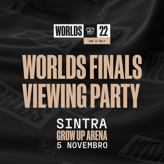 Junta-te à celebração do #Worlds2022 na Viewing Party da Final, em Sintra, na <a href="/growupesports/">Grow uP Esports</a> Arena 🔥
 
A entrada é gratuita e está limitada à lotação do espaço. Abertura de portas às 22h00.

Garante a tua entrada 👉 bit.ly/3DwVdij