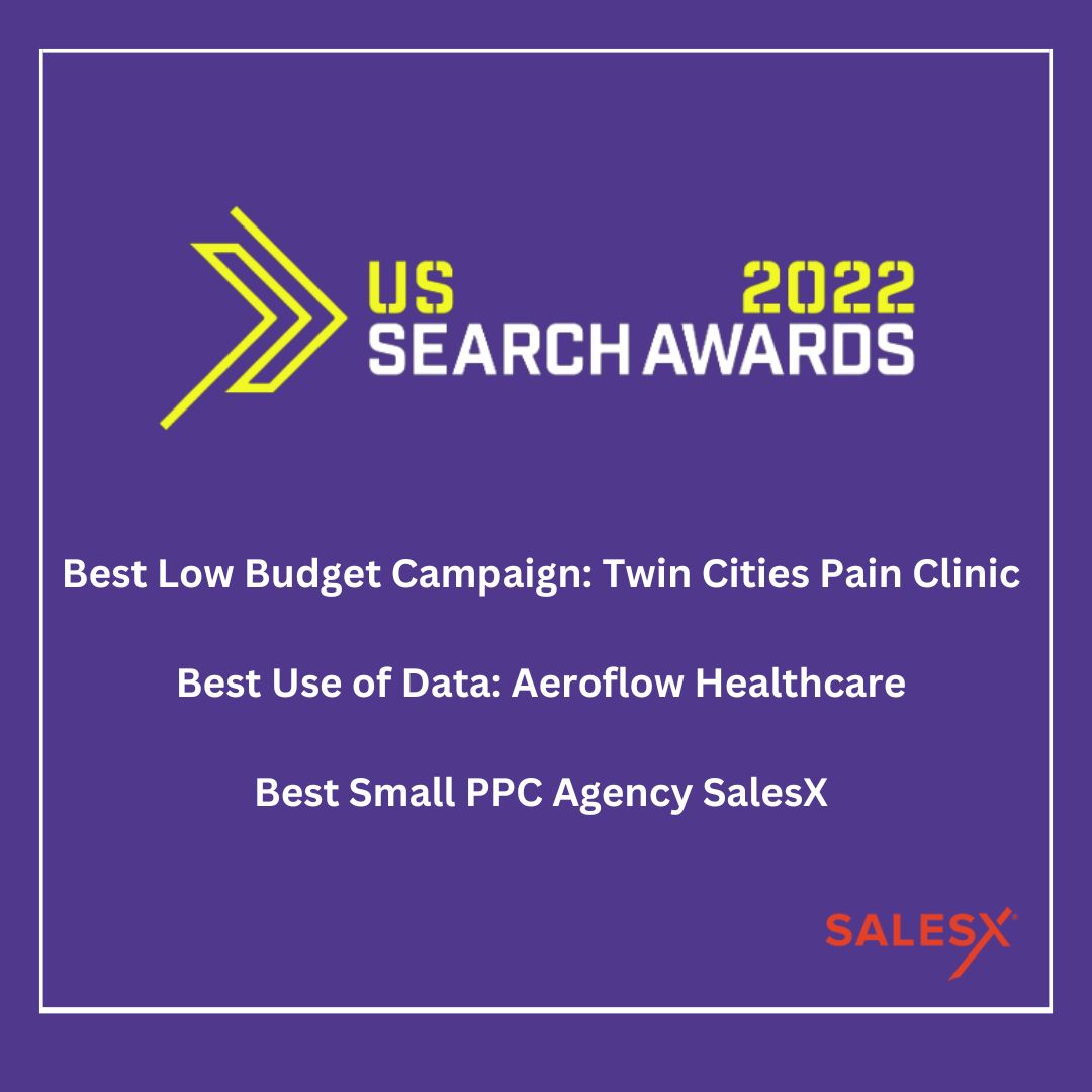 Salesx_sf's tweet photo. SalesX Wins BIG ! 
SalesX is honored to announce we are the winner of 3 US Search Awards this year! Learn more about how our team's dedication got us here! https://t.co/KnrbHgz0zg
#PPC #GMB #SalesX #GoogleAds #Digitalmarketing #SEO #SMM #USSearchAwards2022 https://t.co/fI96dynDJc