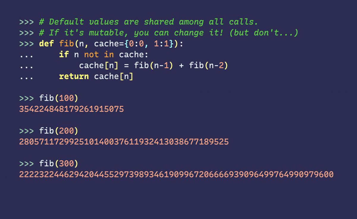 nedbat's tweet image. Default values for #Python functions are stored once, and shared by all the function calls. You can (but don't!) change the object and future calls will see the changes.