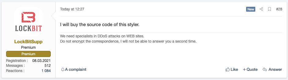 vxunderground's tweet image. Lockbit ransomware group states they want to purchase the source code to Raccoon Stealer. This marks the 2nd time Lockbit has publicly noted their acquisition of other malware campaigns and/or competitors

* Intel &amp;amp; photo via @ddd1ms