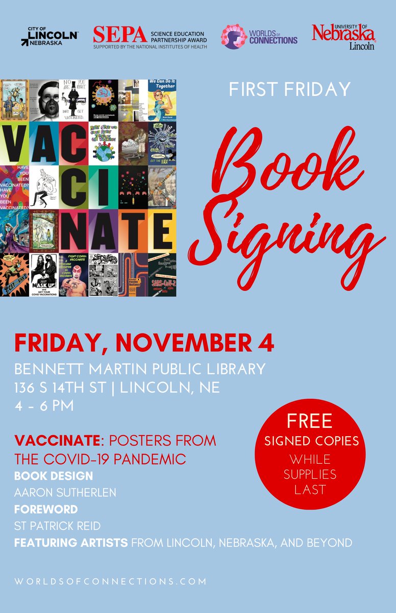 The VACCINATE First Friday showing + book signing is just 2 days away! Don't miss your chance to see original work by artists from Lincoln, Nebraska, and beyond and grab a free book (or two... and check out some library books while you're at it!) 📚

#FirstFridayArtWalk #NIHsepa