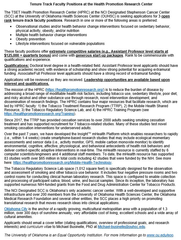 Stop_Smokin_now's tweet photo. Now hiring! 3 tenure track faculty focused on obesity, nutrition, sedentary behavior, and/or physical activity (salaries start > $125,000). Details attached. Please RT! @SBMDigitalHlth @srntorg @BehavioralMed @ABCTNOW @AACR @phjobs_org @PsychJobs @ObesityWeek @ObesitySociety https://t.co/dK4TFJAvRG