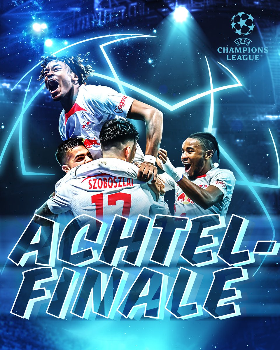 RBLeipzig's tweet photo. A C H T E L F I N A L E ✨

Zum 3. Mal ziehen die Roten Bullen in die K.o.-Runde der #ChampionsLeague ein 👏

#WirSindLeipzig 🔴⚪️ #UCL https://t.co/6fpSBX4rtD