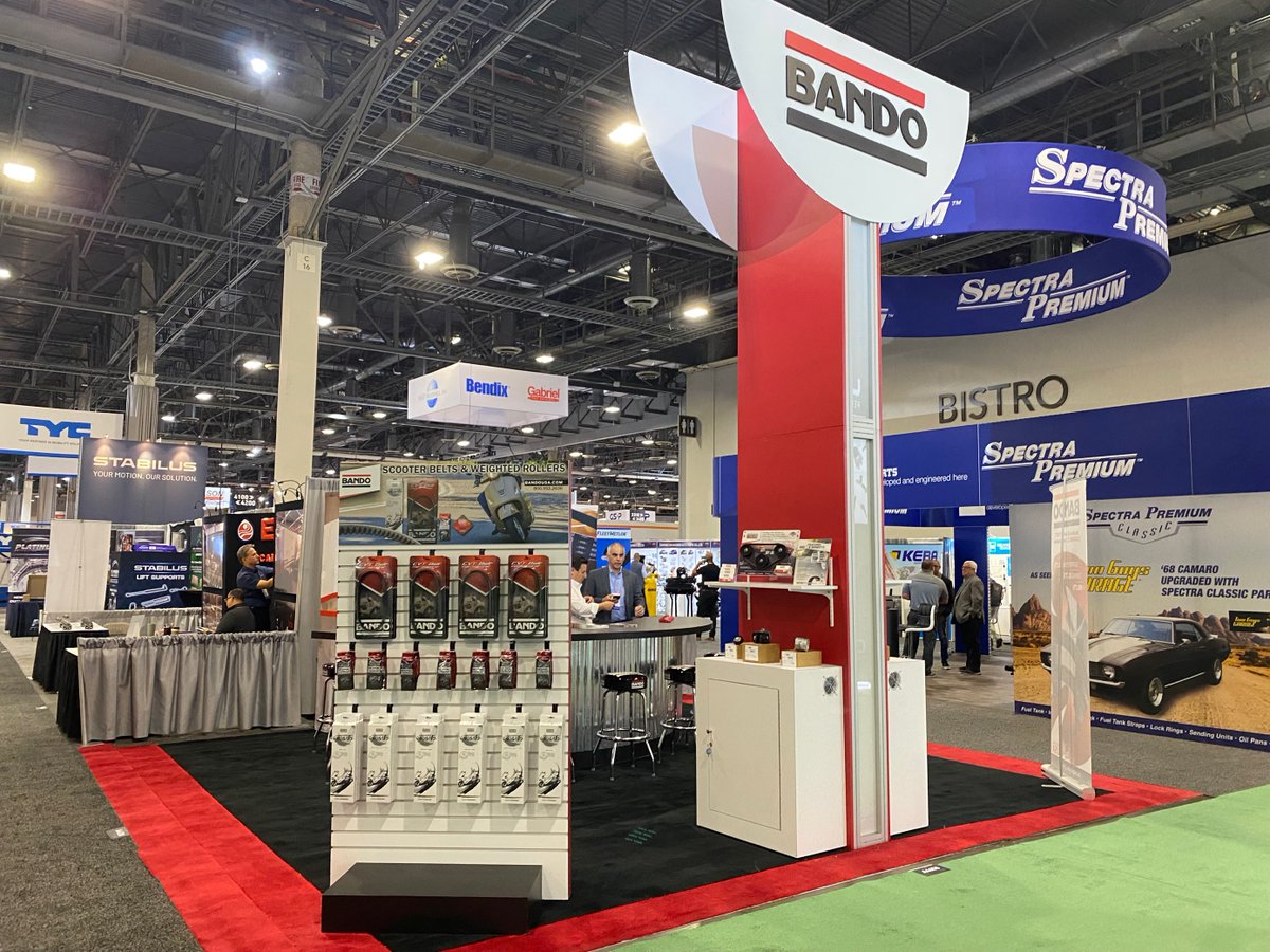 BandoUSAInc's tweet photo. Having a great time showcasing our automotive and scooter belts! Come visit our booth A4458 at the @AAPEXShow  #AAPEX22 https://t.co/QCtX0P69AE