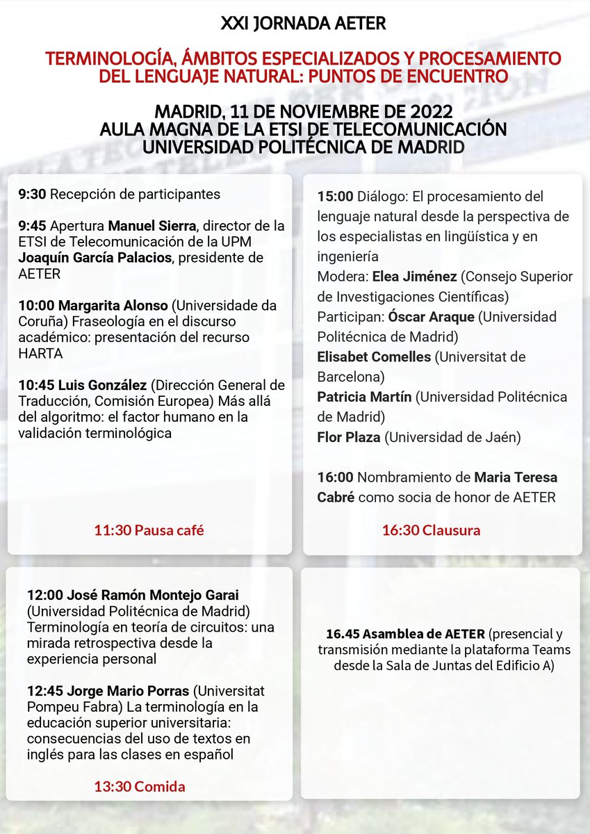 AETER (@aeter_org) on Twitter photo El próximo 11 de noviembre nos vemos en @teleco_upm y <a href="/DLAplicada_UPM/">Departamento de Lingüística Aplicada | UPM</a> para celebrar la Jornada de #AETER2022 ¡Os esperamos! El próximo 11 de noviembre nos vemos en @teleco_upm y <a href="/DLAplicada_UPM/">Departamento de Lingüística Aplicada | UPM</a> para celebrar la Jornada de #AETER2022 ¡Os esperamos!