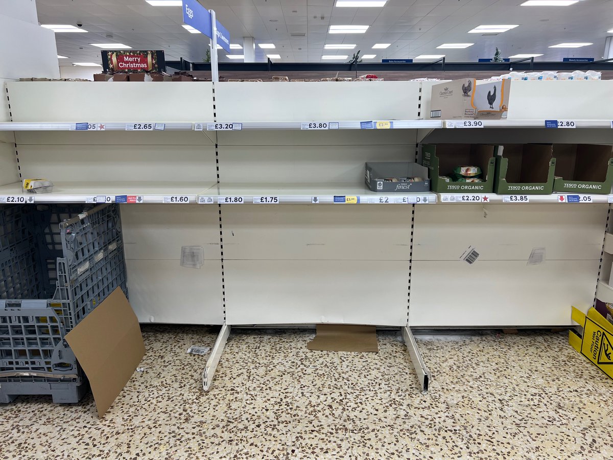 Egg section in @Tesco Ashford. No doubt they & @the_brc will blame bird flu, the real reason is that they have destroyed all value in the supply chain & producers have had enough. We need a new fair & equitable food system. Consumers need farmers they don’t need supermarkets…..