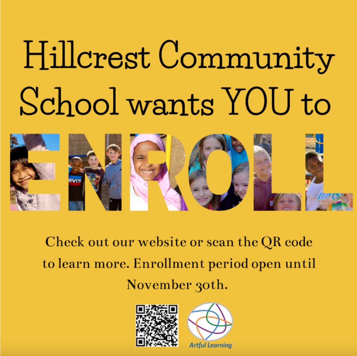 Hillcrest Community School's enrollment window is open now through November 30th. Hillcrest is FREE and OPEN to all students in Bloomington as well as nonresidential students. Learn more about our incredible community by visiting our website: bloomington.k12.mn.us/hccs