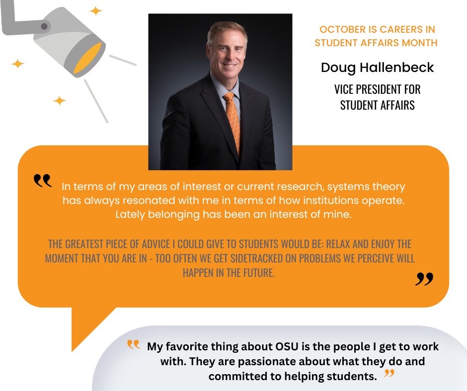 okstatehesa's tweet photo. The month of October was Careers in Student Affairs month, and we wanted to spotlight one more of our VIP faculty members!

This is Dr. Doug Hallenbeck! He has served as the Vice President for Student Affairs at Oklahoma State University for 3.5 years! https://t.co/UleoKD2str