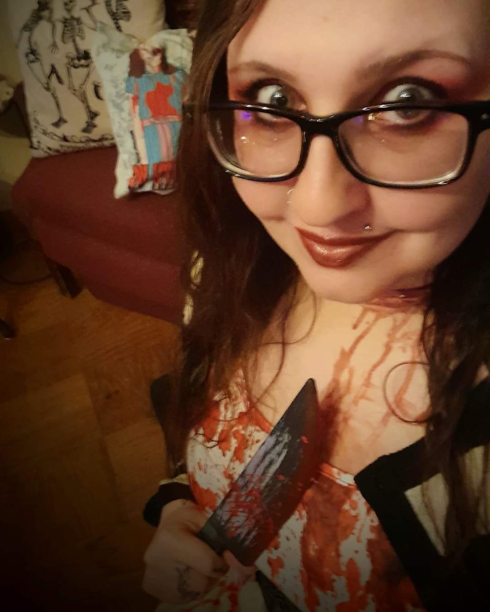 A couple #Halloween pictures! Anyone have a cool costume this year? I didn't have enough energy to go all out, so I just built my costume around the death-like pallor and dark eye circles that I already had to work with. 🤣 I was pretty much me... but bloodier.
#HorrorCommunity
