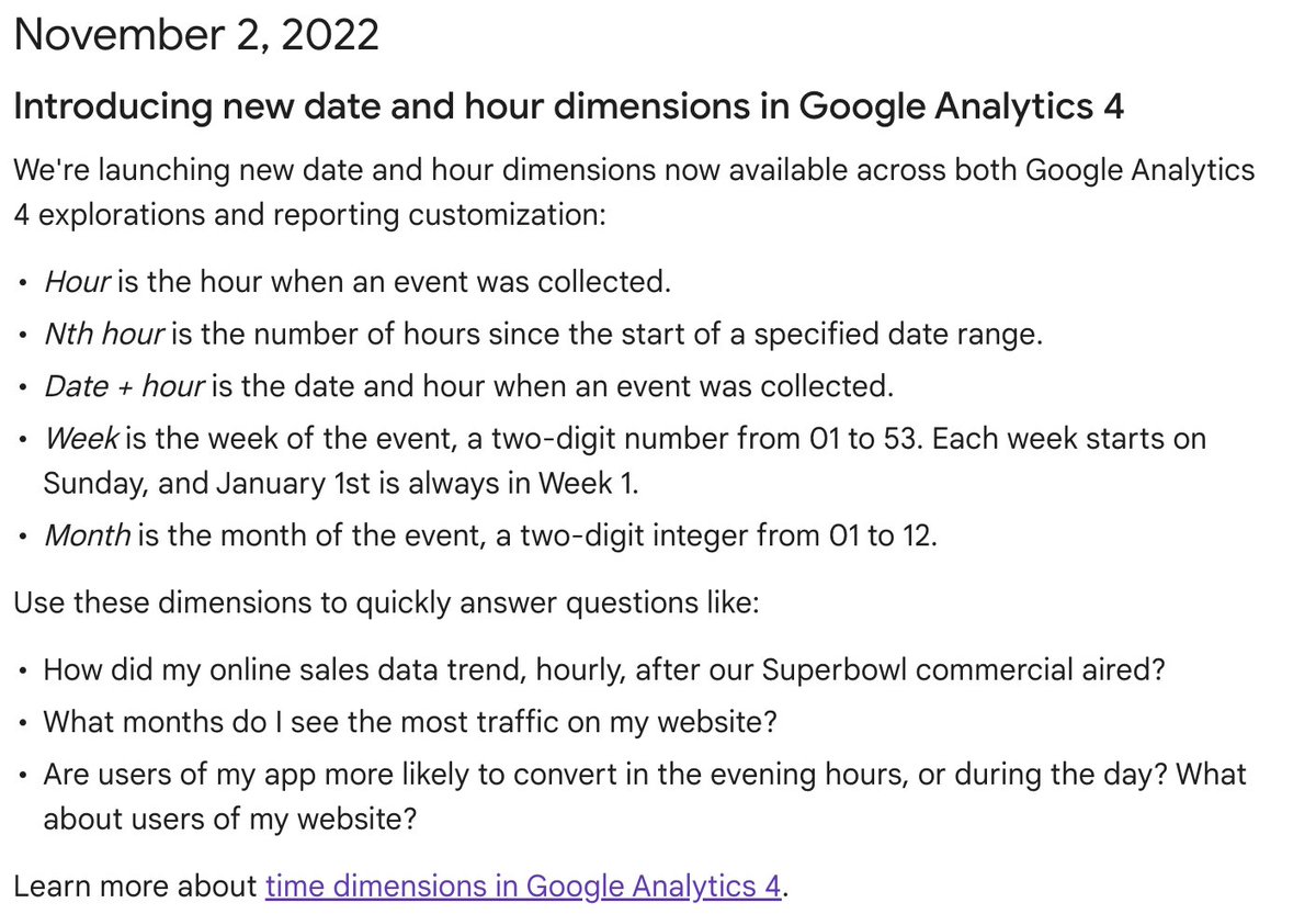 vreeman's tweet photo. Introducing new date and hour dimensions in Google Analytics 4
 
https://t.co/UN9ovz9dnG https://t.co/WBdOknh3Px