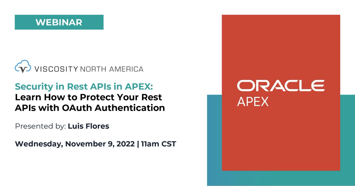 ViscosityNA's tweet image. Join @Xapo_Flores in our upcoming FREE webinar, “Security in REST APIs in APEX: Learn How to Protect Your REST APIs With OAuth Authentication!”

Nov 9 | 11 AM CST

Register: bit.ly/3DUKqQh 
#vna22 #oracle #APEX #orclAPEX