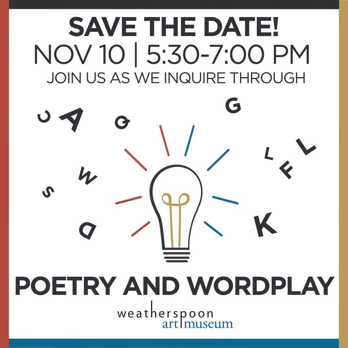 Join us for a night of inquiry through POETRY AND WORDPLAY. Calling all poets and writers! Drop-in for linguistic exploration, expression, and interpretation through poetry and wordplay. Inquiry Hubs Event POETRY + WORDPLAY Thur Nov 10, 5:30-7pm. FREE. weatherspoonart.org/event-nov-11-i…