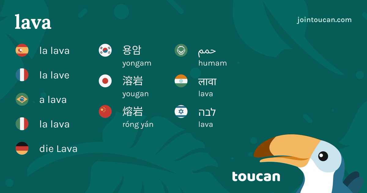 JoinToucan's tweet photo. How do you say lava in your langauge? ๐๐
๐ช๐ธ ๐ง๐ท ๐ซ๐ท ๐ฉ๐ช ๐ฎ๐น ๐ฏ๐ต ๐ฐ๐ท ๐บ๐ธ ๐ฎ๐ณ ๐ฎ๐ฑ ๐จ๐ณ ๐ธ๐ฆ
#JoinToucan #LangTwt #lava #LearnTheWord https://t.co/mi7ucRaejn