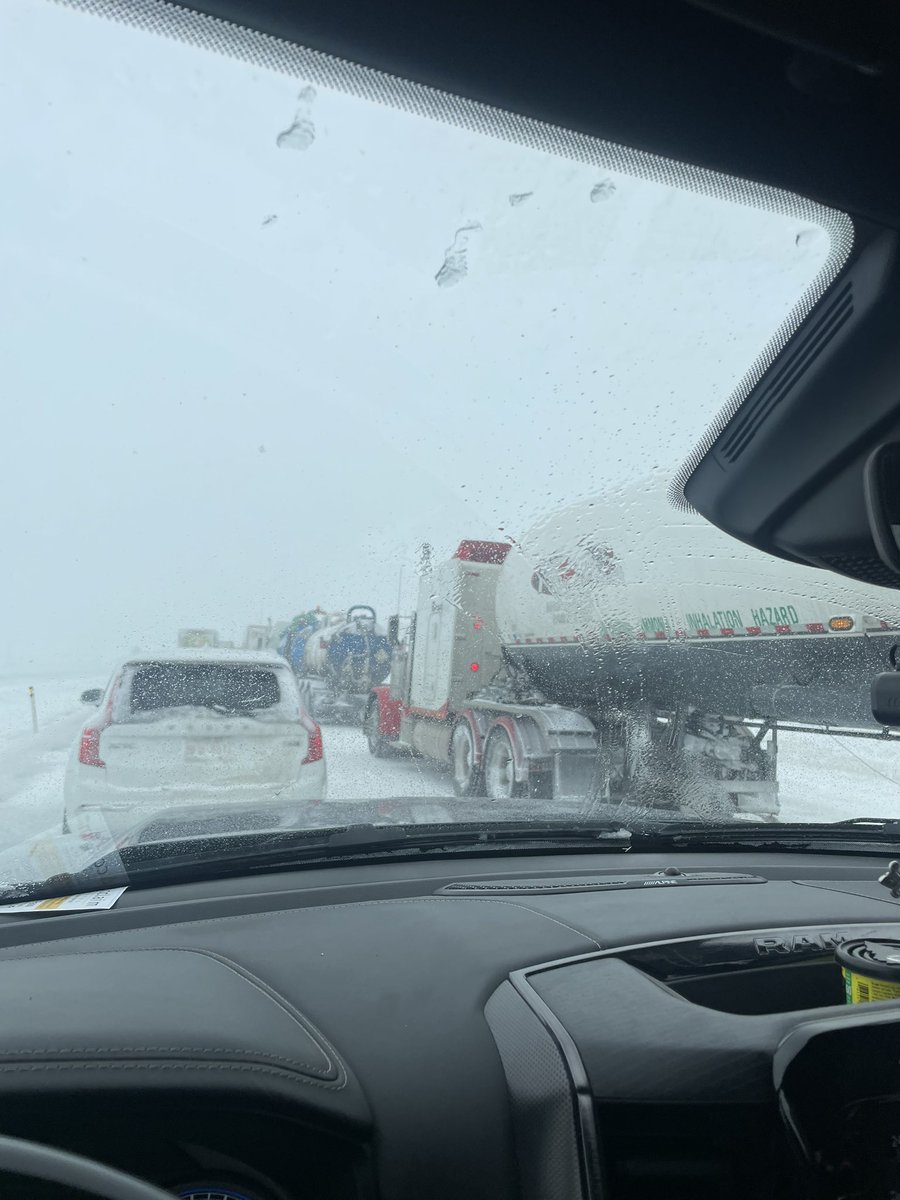 NailJayden's tweet photo. HWY 1 by Gleichen. Been in this for 2 hours. Don’t go out if you don’t have to. And if you have to, be patient. Multiple cars taking the shoulder to pass with limited visibility and icy roads is a recipe for disaster. #ABStorm #AbRoads https://t.co/eJlIXa0c1R