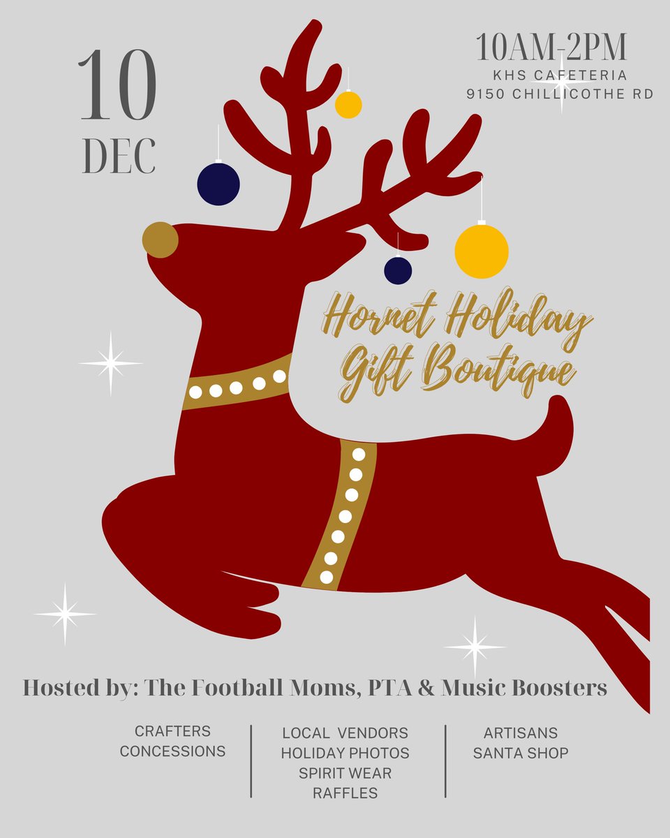 Save the date for this fun upcoming holiday event hosted by the Football Moms along with the PTA and Music Booters!  12/10/22 from 10-2!  Vendors, Santa’s Secret Shop for the kids, holiday photo booth and pictures with Santa. 
And concessions hosted by the Music Boosters.