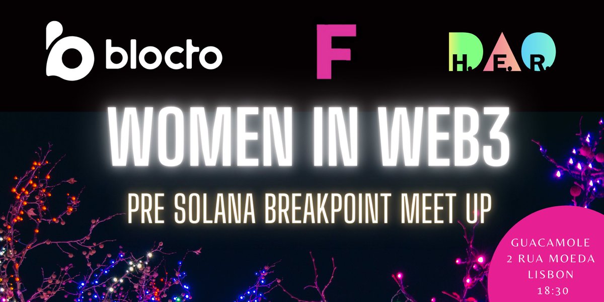 H.E.R. DAO 🔜Stellar Builder Residency + Berlin BW (@_herdao) on Twitter photo Join us and sponsors <a href="/BloctoApp/">BloctoApp (🐚,🐚)</a> and <a href="/fractalwagmi/">fractal</a> for drinks and nibbles 🥂
💫Attend for a free ticket to <a href="/SolanaConf/">Solana Breakpoint 🇦🇪 Abu Dhabi Dec 11-13</a> #SolanaBreakpoint #Lisbon
Sign up now 👇
eventbrite.ca/e/women-in-web…
🎟Tickets are on a first come first serve basis Join us and sponsors <a href="/BloctoApp/">BloctoApp (🐚,🐚)</a> and <a href="/fractalwagmi/">fractal</a> for drinks and nibbles 🥂
💫Attend for a free ticket to <a href="/SolanaConf/">Solana Breakpoint 🇦🇪 Abu Dhabi Dec 11-13</a> #SolanaBreakpoint #Lisbon
Sign up now 👇
eventbrite.ca/e/women-in-web…
🎟Tickets are on a first come first serve basis
