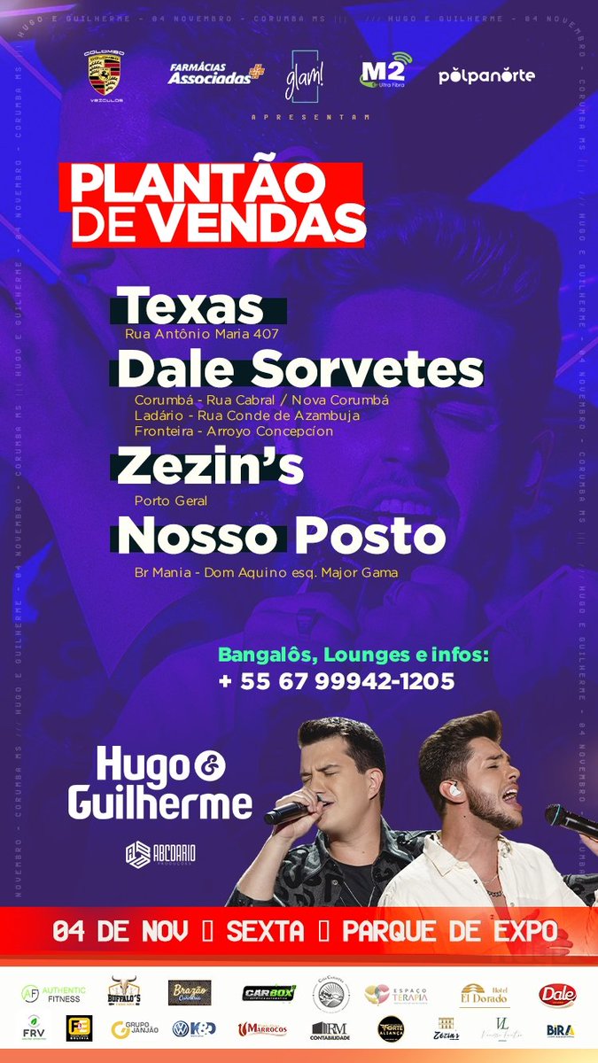 thiagor_corumba's tweet photo. *Plantão de vendas Feriado*
▶️ Texas até às 22h
▶️ BR MANIA / Nosso Posto até às 21h
▶️ Lojas Dale Sorvetes até às 22h
▶️ Zezin GastroPub (Porto) até às 22h
Garanta o seu ingresso! *Lotes ESGOTANDO*
#04Nov #ParquedeExpo #hugoeguilherme #Corumba #Bolivia #Ladario #Feapan https://t.co/gA1MN2NJ9J