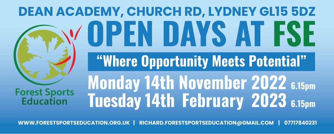 Calling year 10/11 students in the #ForestofDean who are interested in taking sport as their next step? 

We at Forest Sports Education have an open day ⬇️

Work experience with <a href="/Prostars_FSE/">Prostars</a> &amp; tailored courses to yours goals/requirements. It’s the place to be 🥇