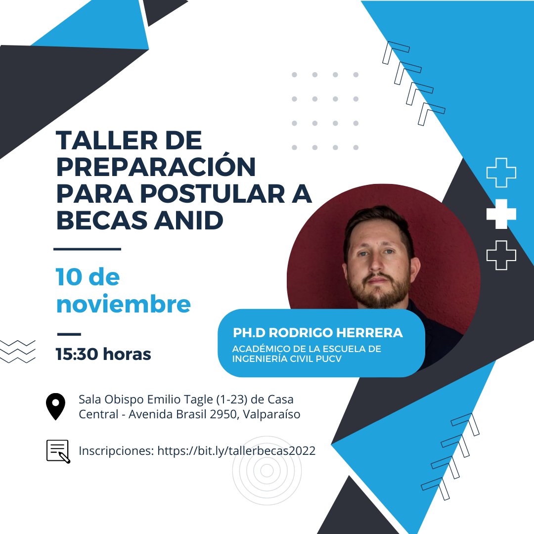 Accede a becas y beneficios con Postgrados PUCV 🎓

Te invitamos a participar de un taller abierto para preparar las postulaciones de becas ANID.

📆10 de noviembre - 15:30 horas
📍Sala 1-23. Casa Central PUCV
☑️Dicta: Ph.D Rodrigo Herrera
📝Inscripciones: bit.ly/tallerbecas2023