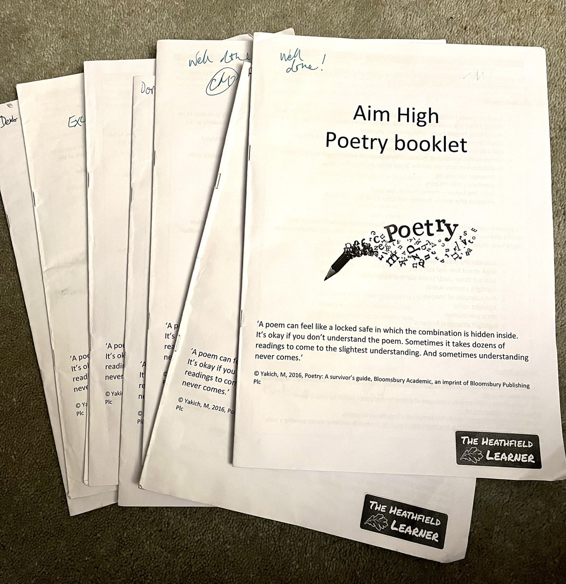 MsCMartinTeach's tweet photo. When you make an ‘Aim High’ poetry booklet and set it as an optional extension task for the half-term. Well done 10X1! 😍 #aimhigher #poetry #dedication #teamenglish @HCSAspire @HeathfieldTA2 https://t.co/WiX1BNg1Yf