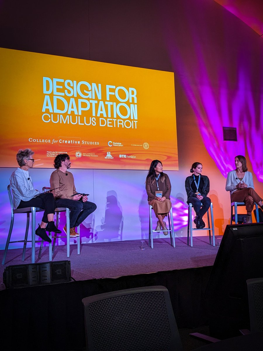 AICArtDesign's tweet photo. Students Yejin Eun (@EmilyCarrU),
Kayla Powers, (@cranbrookart), and Veyda DeAgro-Ruopp (@CCS_Detroit) take the stage to discuss sustainable design in the future from a student perspective. https://t.co/v6cUL5b06b