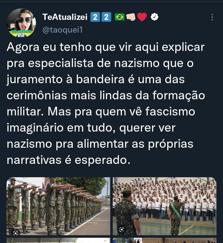 Alguém explica à passadora de pano oficial do nazifascismo à brasileira que o "juramento à bandeira" é uma cerimônia ESTRITA e EXCLUSIVAMENTE MILITAR que acontece diante de UMA bandeira, com palavras ESPECÍFICAS e não com hino nacional?

Estética e contexto dizem tudo. É nazismo.
