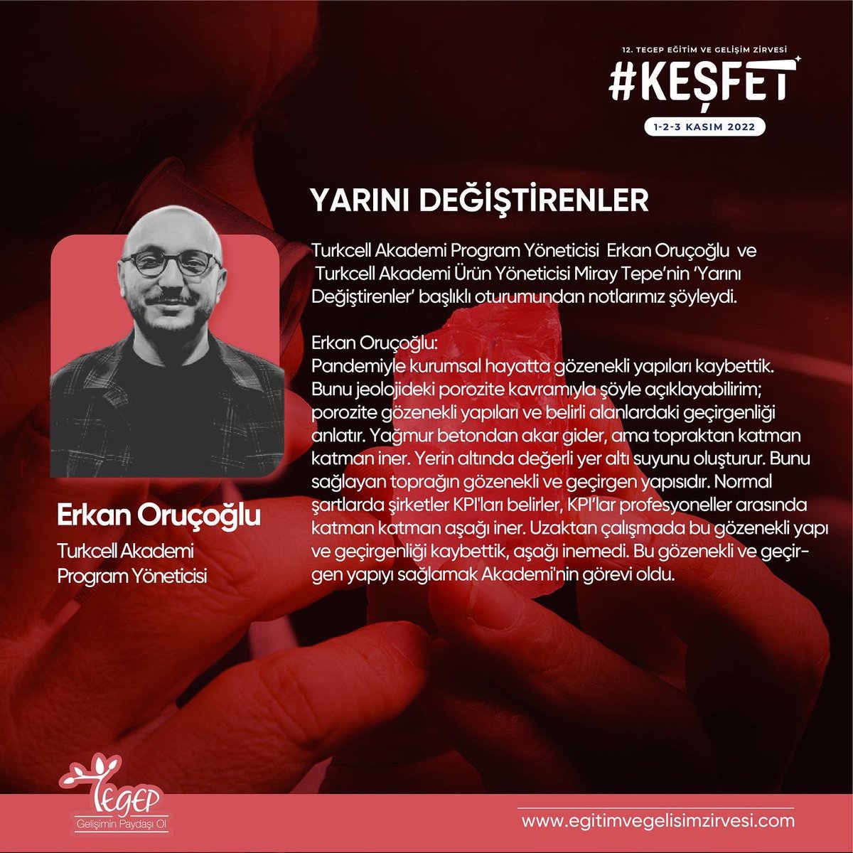 tegepdernek's tweet photo. Turkcell Akademi Program Yöneticisi  Erkan Oruçoğlu  ve  Turkcell Akademi Ürün Yöneticisi Miray Tepe’nin ‘Yarını Değiştirenler’ başlıklı oturumundan notlarımız şöyleydi.

.
.
#egz2022 #egitimvegelisimzirvesi2022 #tegepzirve2022 #tegep #keşfet https://t.co/x2Z2asoSJU
