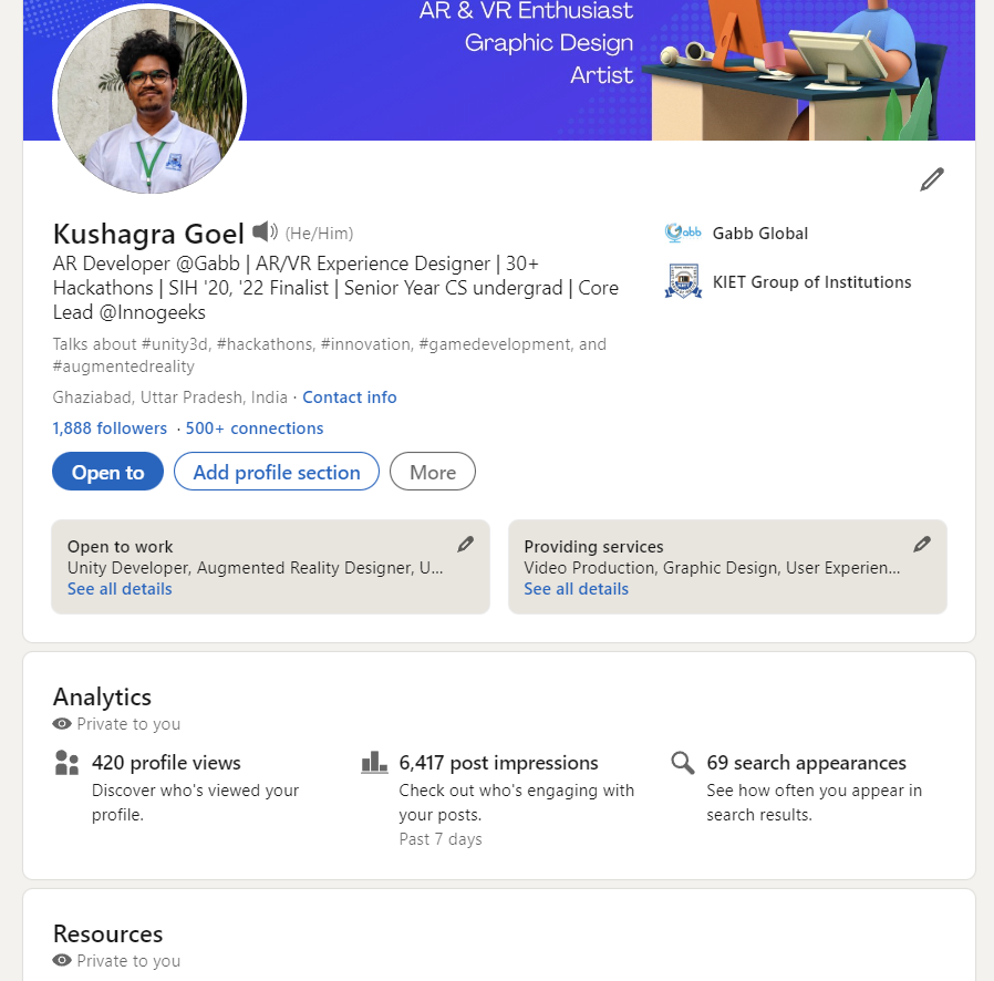 thisisKushagr's tweet photo. New milestone achieved 😆
#ifykyk #linkedin #profileviews #searchappearances
#developer #PersonalBranding #brand #portfolio #ar #vr #xr https://t.co/yIPs4I8jeb