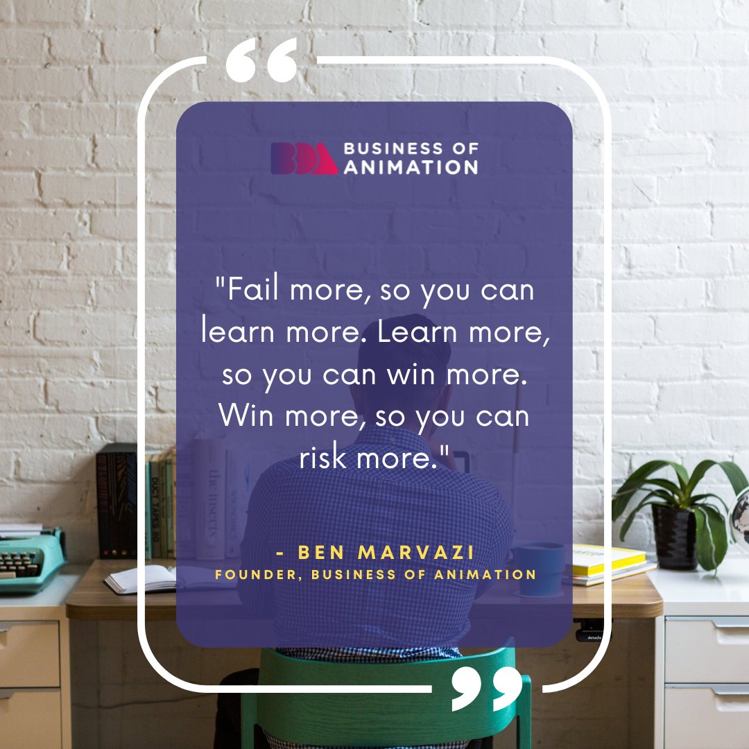 animationbiz's tweet image. ”Fail more, so you can learn more. Learn more, so you can win more. Win more, so you can risk more.” -Ben Marvazi, Founder of Business of Animation

Want to Grow Your Freelance Animation Career or Studio? Link in bio.

#AnimationQuote #AnimationQuotes #AnimationInspiration