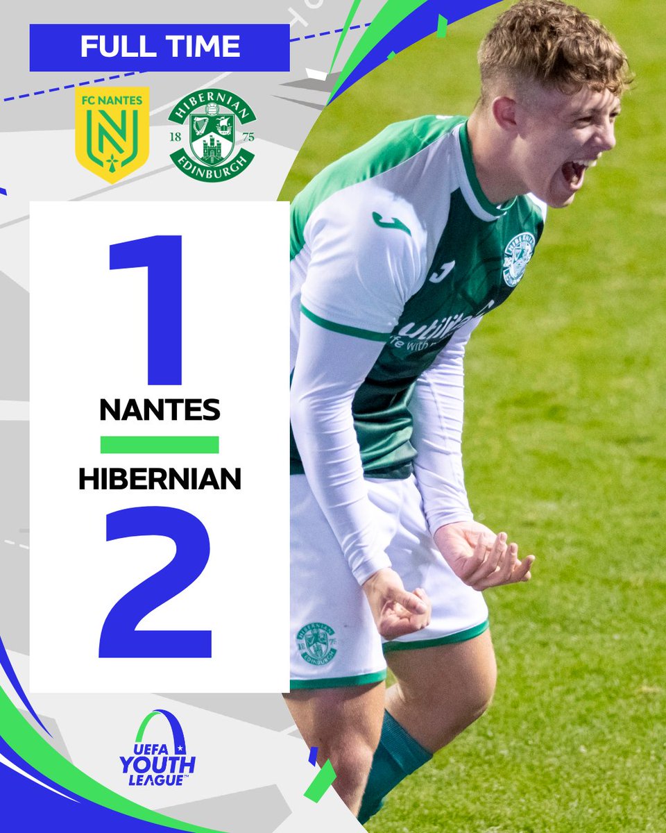 HibernianFC's tweet image. Full-time in France. What a result! 🥬😍

The Wee Hibees progress to the next round of the UEFA Youth League. 

Final score: Nantes 1-3 Hibs (on aggregate)