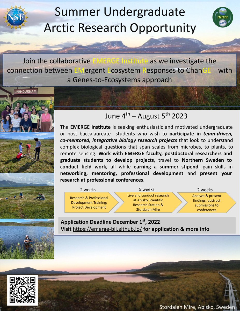 Looking for interested undergrad or post-baccs for an exciting #NSFfunded #REU summer research opportunity!Join <a href="/EMERGE_BII/">EMERGE</a> for a summer of multidisciplinary science in New Hampshire with travel to #Abisko, Sweden for fieldwork! Check out emerge-bii.github.io/reu/ to apply!